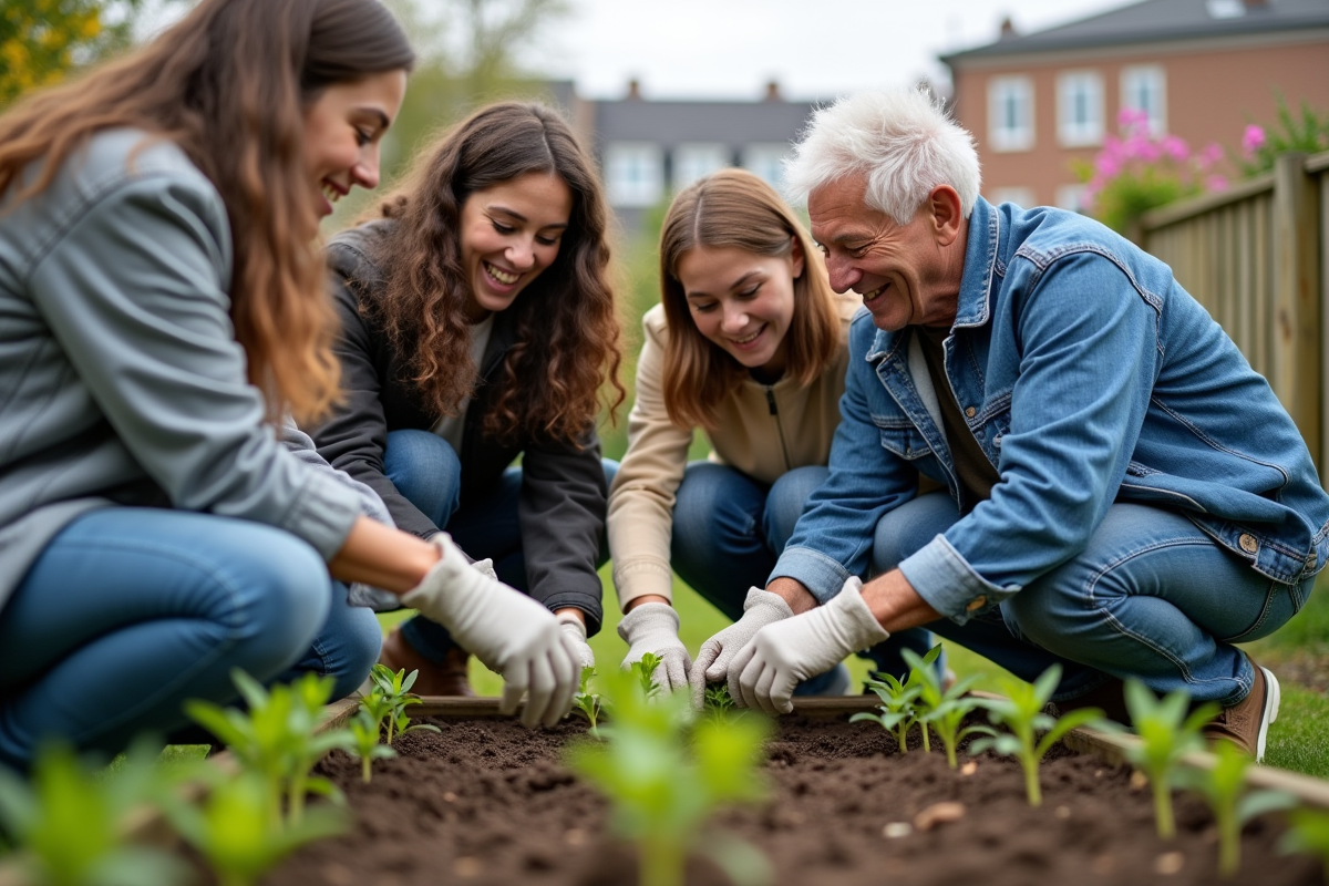 Jeunes et seniors plantant dans un jardin communautaire