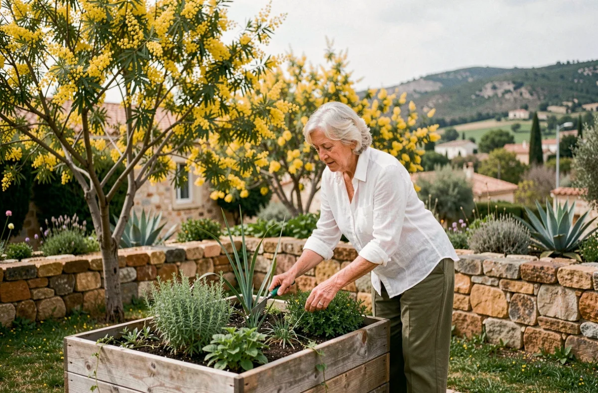 Résidente s'occupant du jardin de la résidence Les Jardins d'Arcadie à Bormes-les-Mimosas entouré de mimosas en fleurs