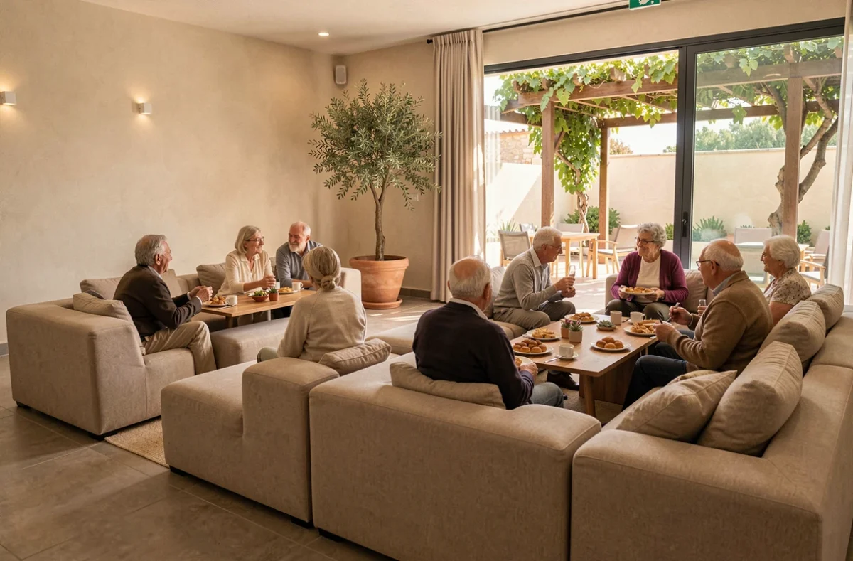 Résidents réunis dans le salon commun de la résidence Les Jardins d'Arcadie à Cogolin