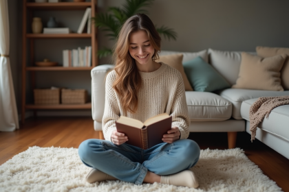 Jeune femme lisant un roman dans un salon moderne