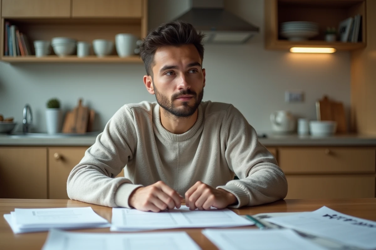 Jeune homme concentré à son bureau dans une cuisine lumineuse