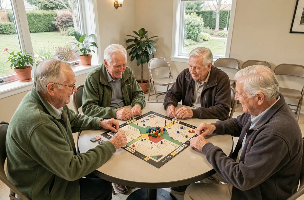 Groupe de quatre personnes âgées jouant à un jeu de société autour d'une table ronde dans une salle commune lumineuse d'un centre communautaire