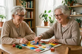 Deux femmes âgées jouant à un jeu de société adapté avec de grandes pièces faciles à manipuler, assises à une table en bois dans un intérieur chaleureux