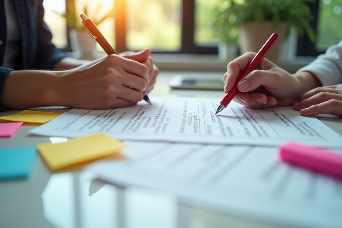 Mains modifiant un document APA avec un stylo rouge