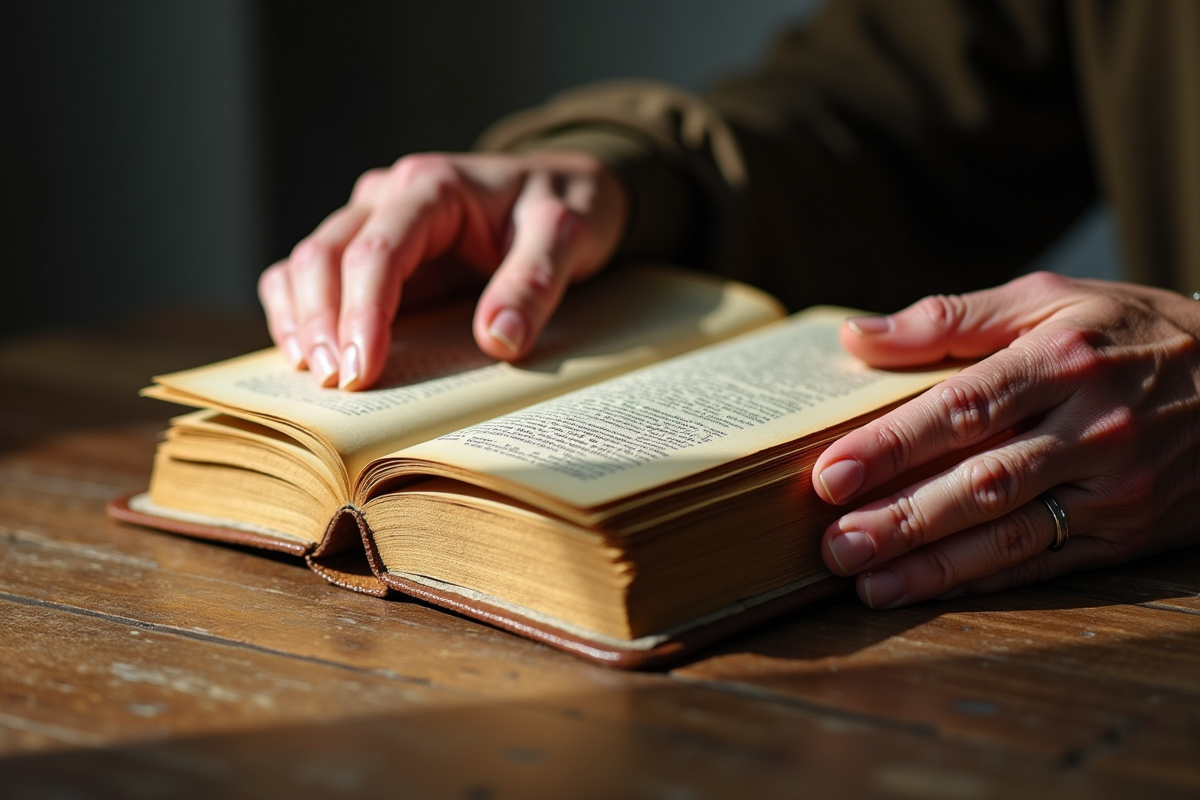 Mains ridées d'une personne âgée touchant un livre ancien