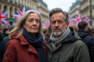 Un couple lors d'une manifestation parisienne avec drapeaux et pancartes