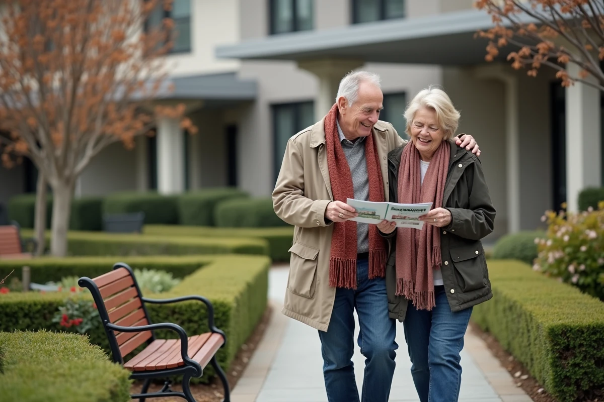 Personnes âgées marchant dans un jardin résidentiel