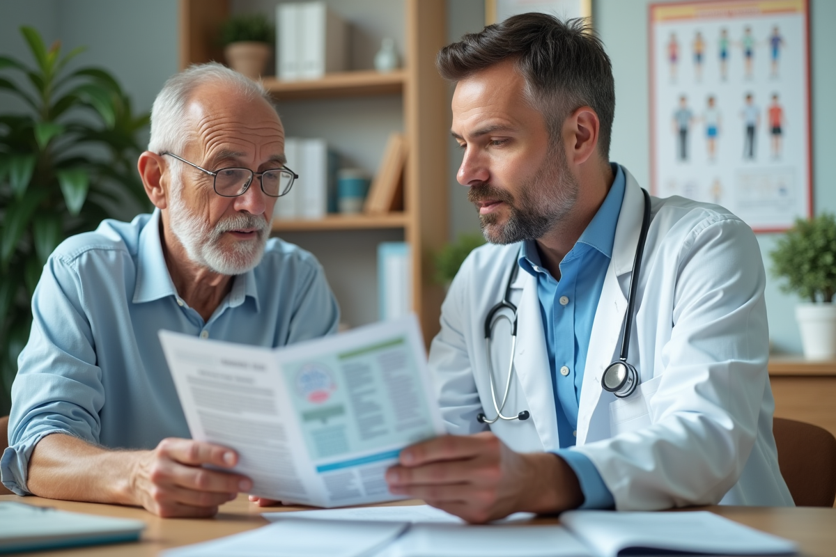 Medecin expliquant une brochure de prévention à un patient