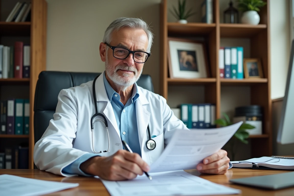 Médecin gériatre analysant une grille d'évaluation ADL sur papier dans un bureau de consultation spécialisée
