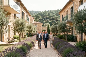 Vue d'ensemble d'une résidence senior dans le Var avec jardin méditerranéen et résidents se promenant