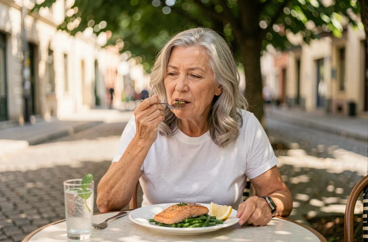 Femme de 65 ans savourant un plat de saumon poché et haricots verts en terrasse ombragée de café en été