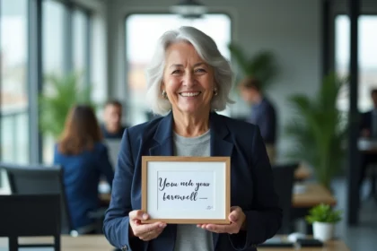 Femme souriante à la retraite recevant un message d'adieu encadré de ses collègues dans un bureau moderne