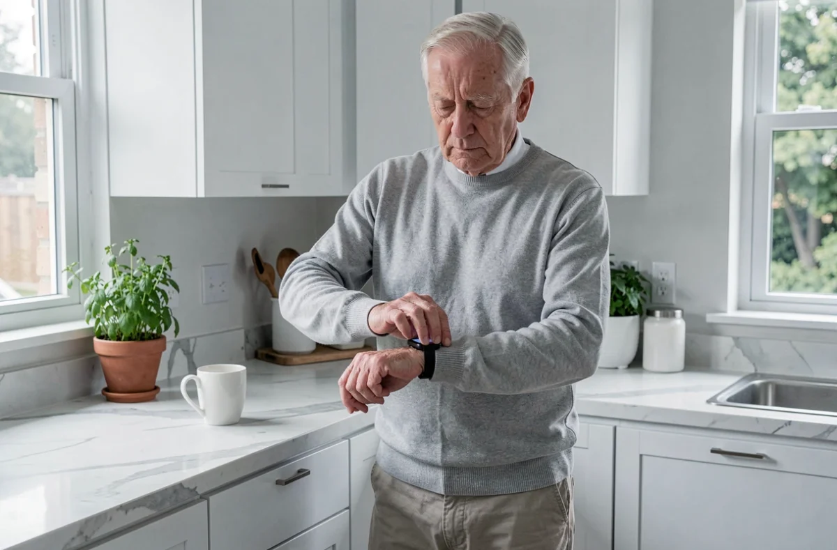 Homme âgé utilisant une montre connectée senior dans sa cuisine pour maintenir son autonomie au quotidien