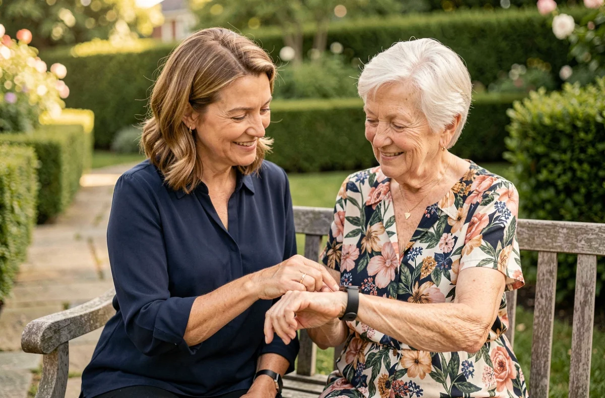 Fille aidant sa mère âgée à utiliser une montre GPS senior dans le jardin pour prévenir la perte d'autonomie