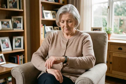 Femme âgée portant une montre connectée pour seniors dans un salon chaleureux, symbole de maintien de l'autonomie à domicile