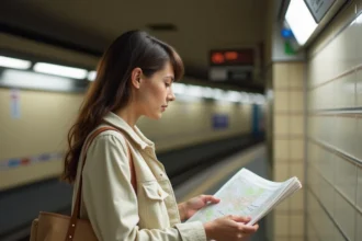 Nouvelle arrivante consultant un plan du métro à l'entrée d'une station de Lyon pour se repérer sans stress