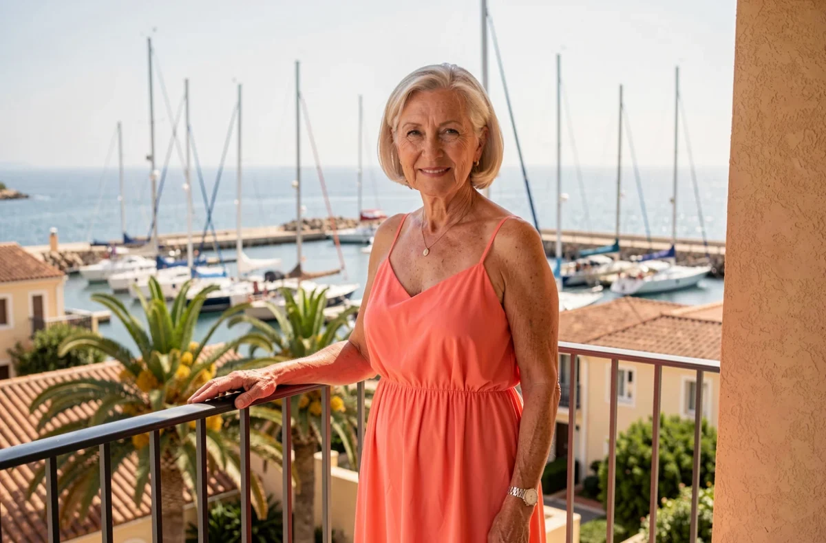 Résidente de l'Ovelia La Villa Marina à Fréjus sur son balcon avec vue sur le port