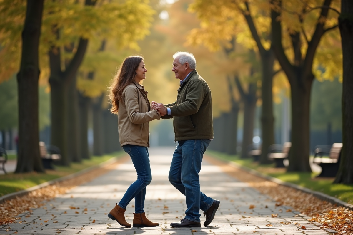 Une jeune femme et son père dansant dans un parc urbain
