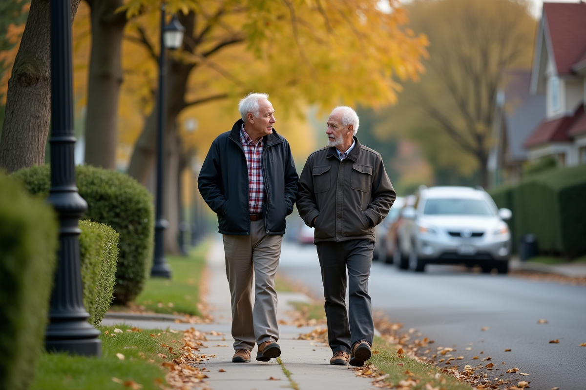 Fils et père âgé marchant dans un quartier résidentiel