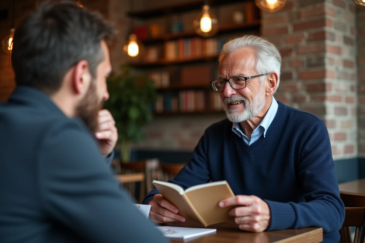 Père de 70 ans lisant une carte d'anniversaire avec son fils dans un café chaleureux et intime