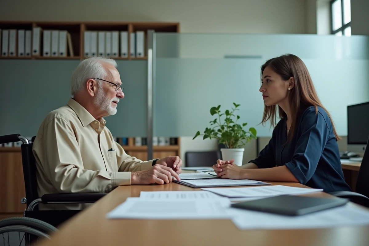 Personne âgée en fauteuil roulant discutant d'un recours GIR avec une assistante sociale dans un bureau administratif