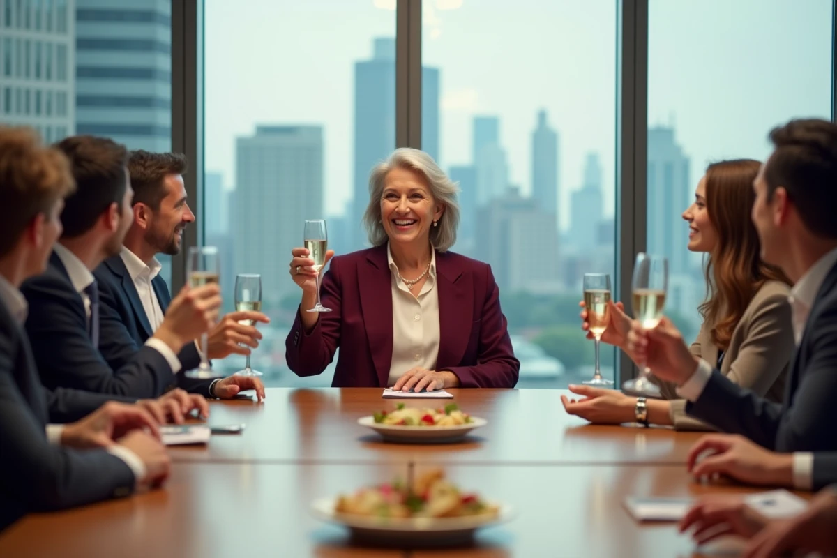 Femme prenant sa retraite portant un toast avec ses collègues autour d'une table de réunion lors de son pot de départ