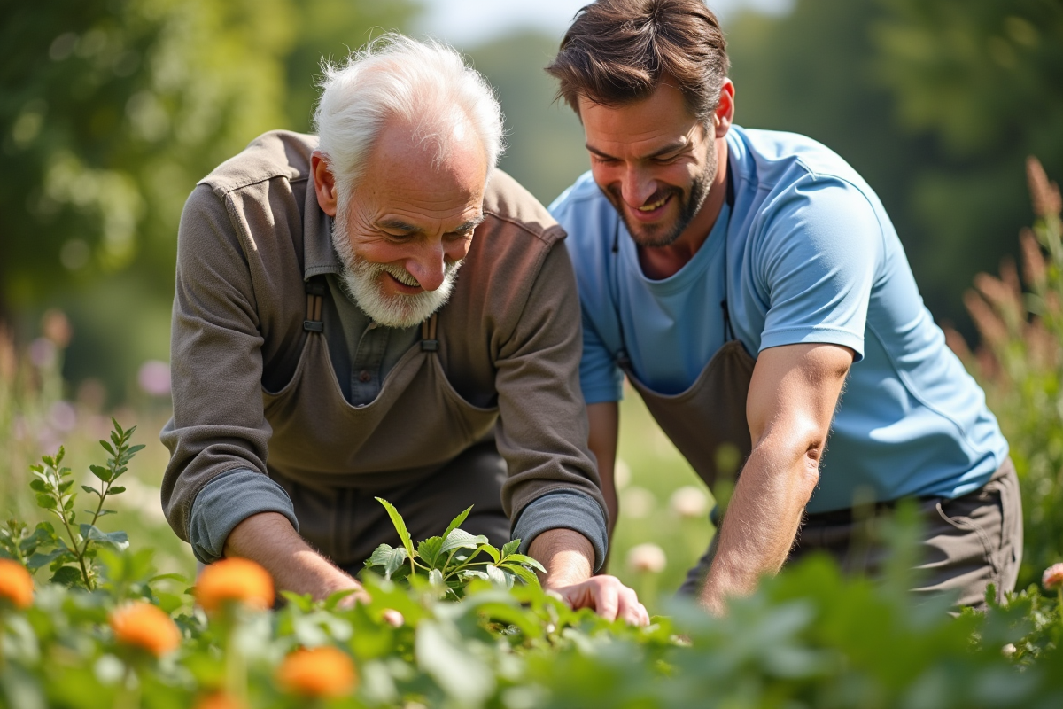 Père aidant son fils dans le jardin par une journée ensoleillée