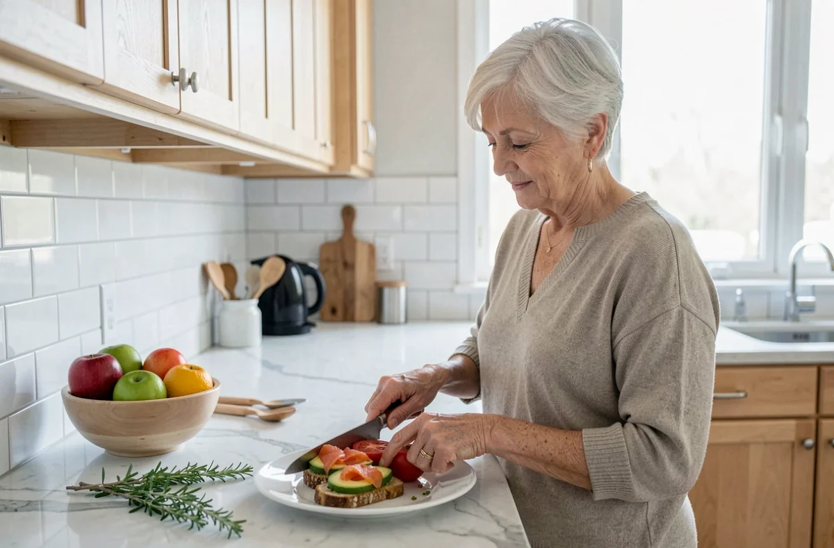 Femme senior préparant un repas léger et nutritif à base de gaspacho et toast avocat saumon dans une cuisine lumineuse