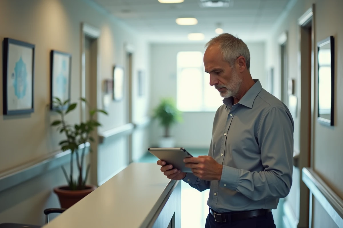 Coordinateur de soins consultant une tablette pour résoudre un problème de connexion à NETSoins dans un couloir d'EHPAD