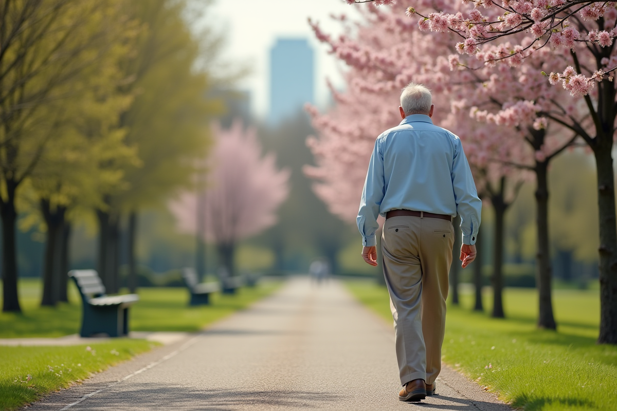 Homme âgé se promenant dans un parc au printemps