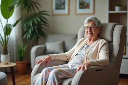 Femme âgée assise dans un fauteuil releveur moderne à la maison