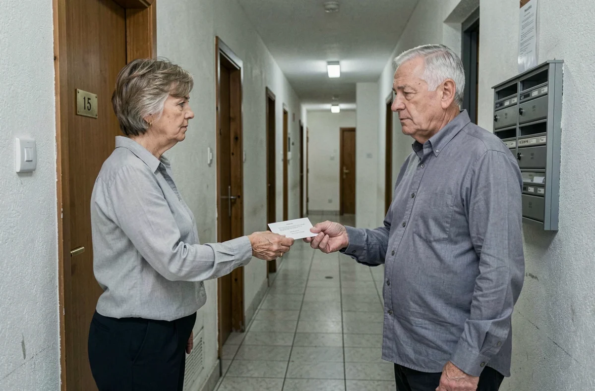 Remise d'une lettre de congé à un locataire âgé dans le couloir d'un immeuble résidentiel