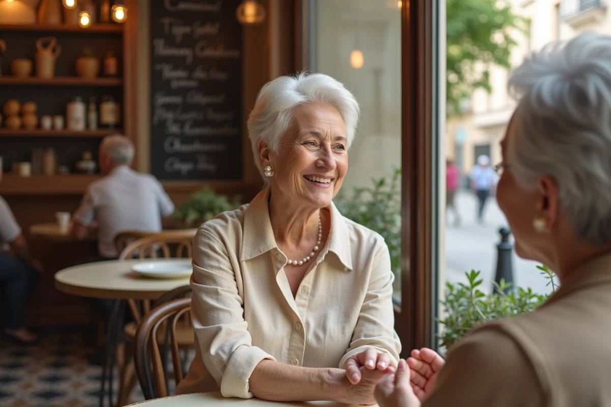 Deux femmes de 65 à 70 ans en conversation amicale dans un café parisien, ambiance chaleureuse et élégante