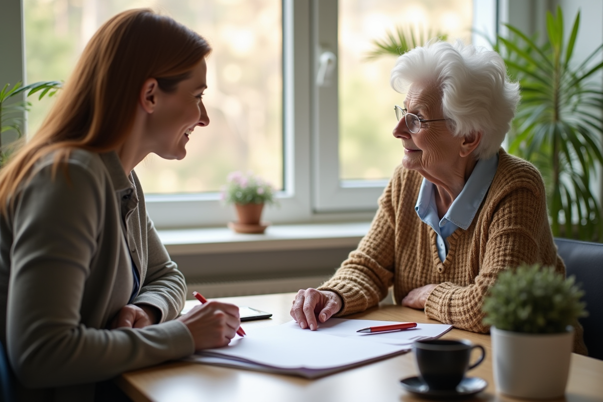 Senior rencontrant une assistante sociale dans un bureau moderne lumineux