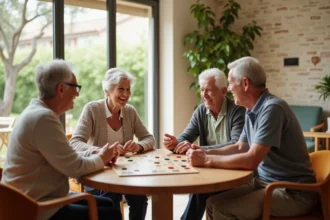 Groupe de seniors jouant à un jeu de société dans le salon commun d'une résidence seniors à Nîmes