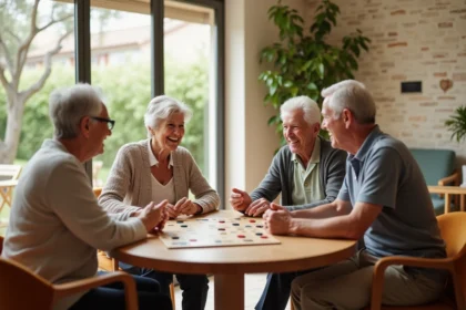 Groupe de seniors jouant à un jeu de société dans le salon commun d'une résidence seniors à Nîmes