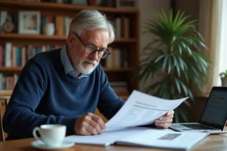 Retraité de 62 ans consultant des documents sur la revalorisation des retraites complémentaires Agirc-Arrco à domicile
