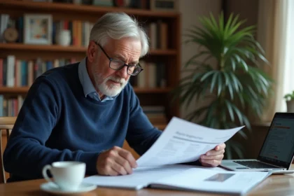 Retraité de 62 ans consultant des documents sur la revalorisation des retraites complémentaires Agirc-Arrco à domicile