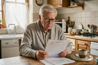 Retraité homme lisant son relevé de pension Agirc Arrco à la table de cuisine avec une expression préoccupée