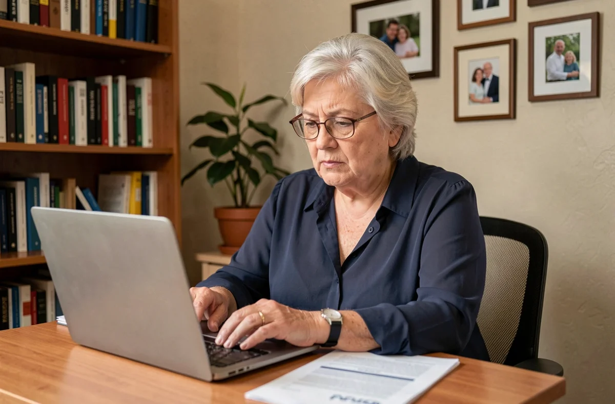 Femme retraitée consultant son espace personnel Agirc Arrco sur ordinateur portable avec inquiétude