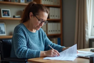 Femme en fauteuil roulant révisant ses documents AAH à son bureau à domicile en 2026