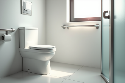 Salle de bain moderne avec WC surélevé et lumière naturelle