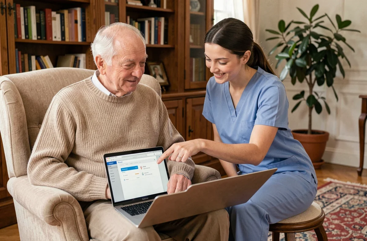 Un senior et son aide à domicile consultent ensemble un logiciel de gestion de soins ADMR sur un ordinateur portable dans un salon