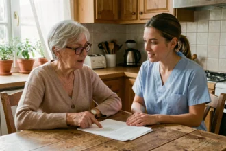 Une senior et son aide à domicile examinent ensemble un contrat de services d'aide à domicile à la table de cuisine