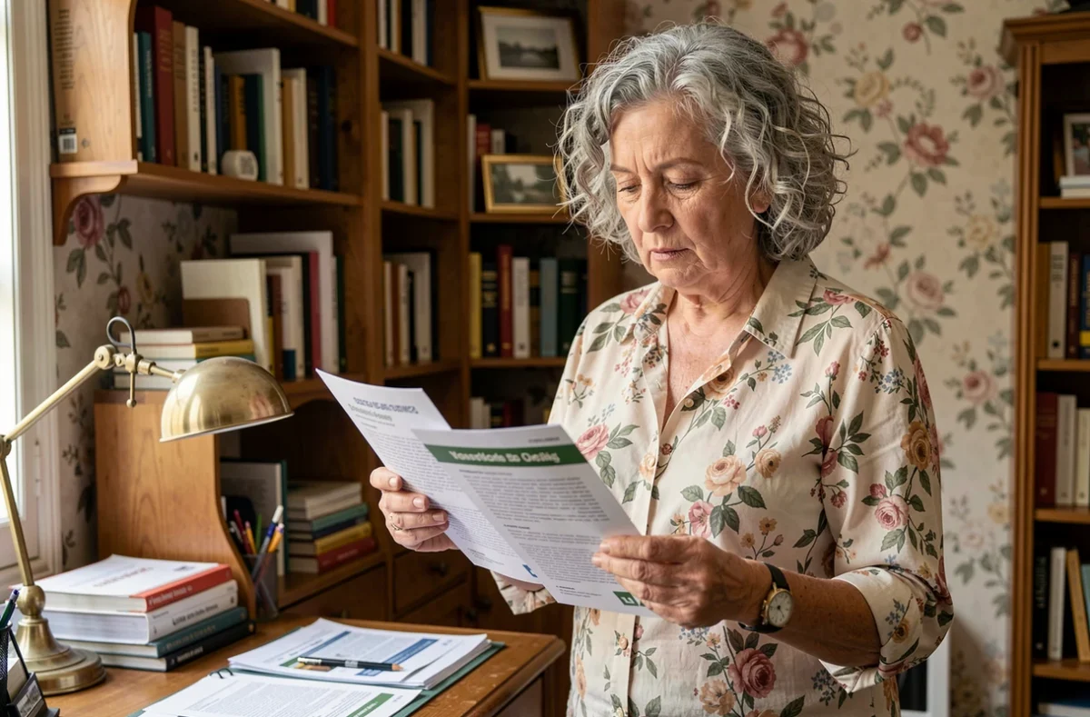 Une femme senior compare des brochures de services d'aide à domicile pour choisir le meilleur prestataire