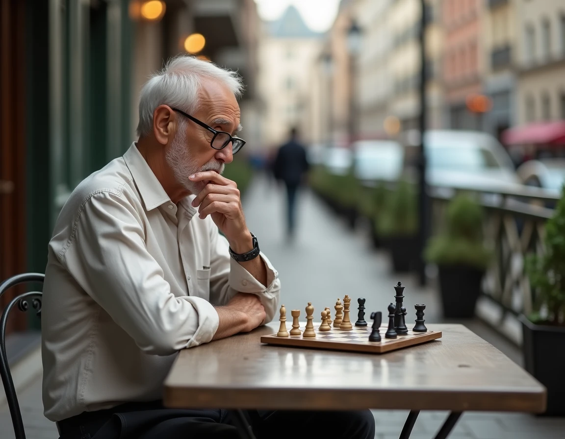Homme senior jouant aux échecs modernes en design minimaliste en terrasse de café en ville