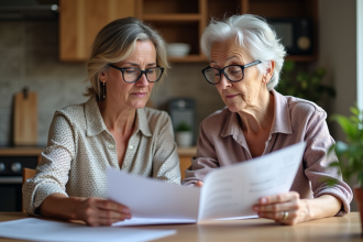 Femme senior avec sa fille regardant des brochures d'autonomie