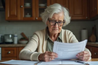 Femme senior inquiète consulte ses documents de retraite