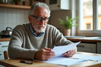 Homme senior en lecture de documents de pension