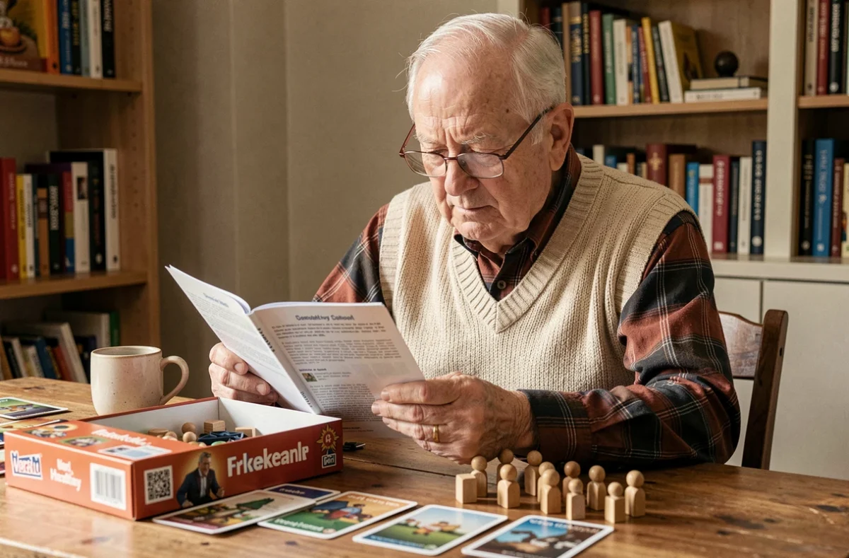 Un homme âgé examinant attentivement les composants et les règles d'un jeu de société adapté aux seniors, posés sur un bureau en bois à son domicile